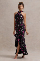 Black Ditsy Floral Print Satin Halter-Neck Ruffled Maxi Dress